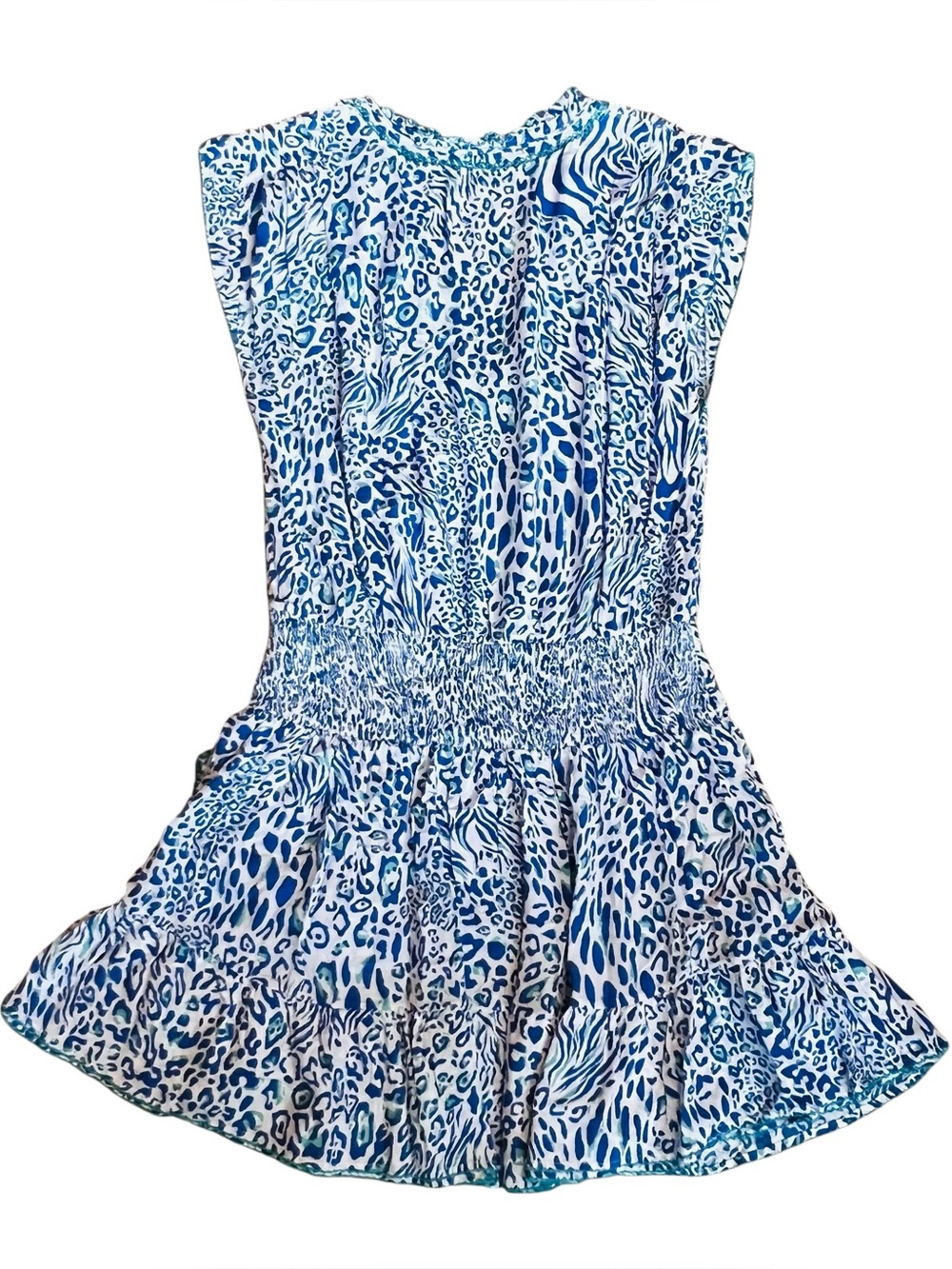Poupette St Barth Women’s Sz M Animal Print Mini Dress Estel Blue White Ruffle - Picture 9 of 16